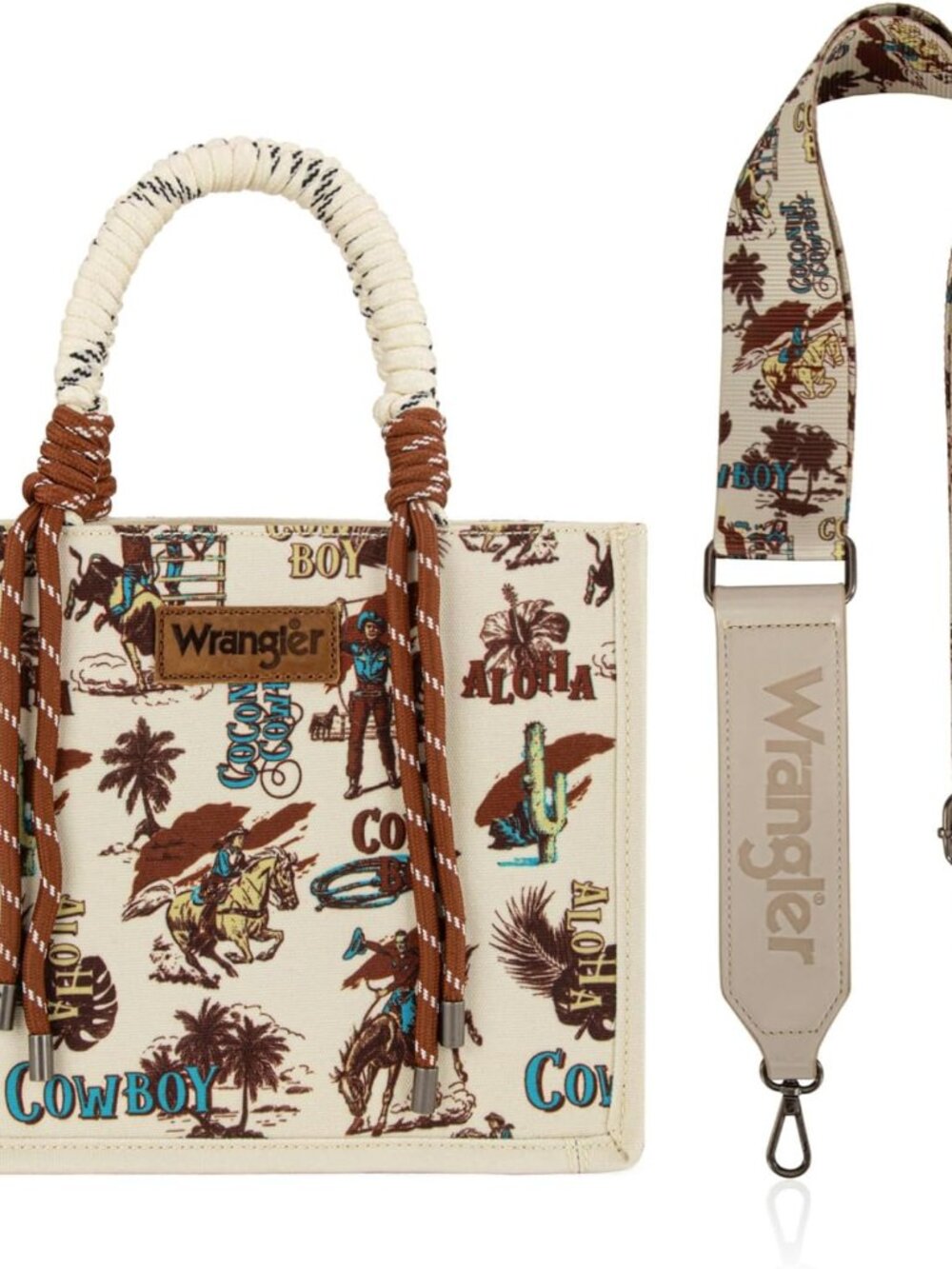 Wrangler Western Tote Bag with Adjustable Strap Rope Top Handles Handbag